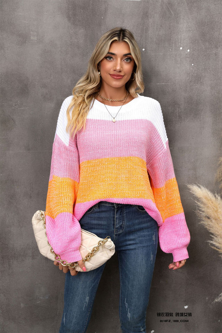 BEAUTIFUL I AM Color Block Round Neck Dropped Shoulder Sweater