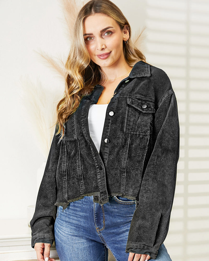 BEAUTIFUL I AM Raw Hem Button Down Jacket