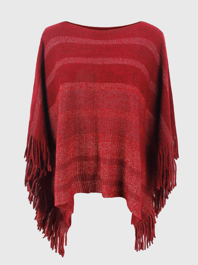 BEAUTIFUL I AM Striped Boat Neck Poncho with Fringes