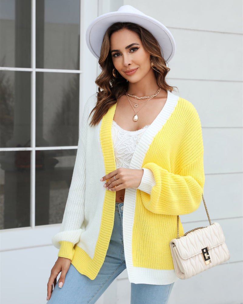 BEAUTIFUL I AM Open Front Contrast Color Balloon Sleeve Cardigan