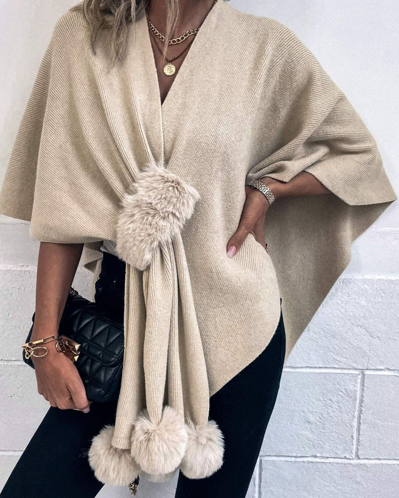 BEAUTIFUL I AM Surplice Neck Pom-Pom Trim Poncho