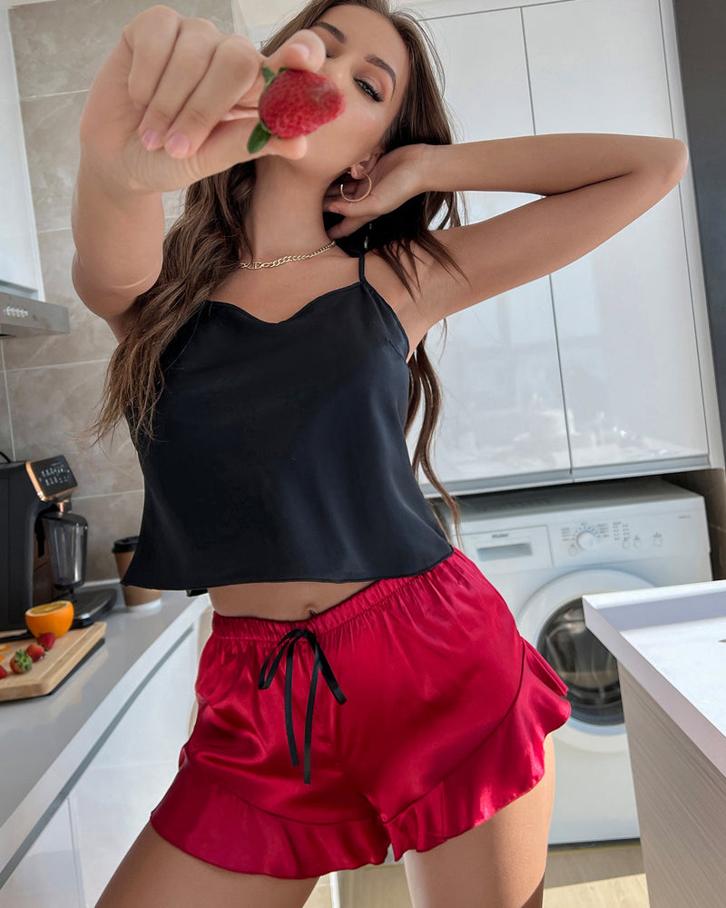 BEAUTIFUL I AM Two-Tone Cropped Cami and Ruffle Hem Satin Pajama Set Sleep Wear