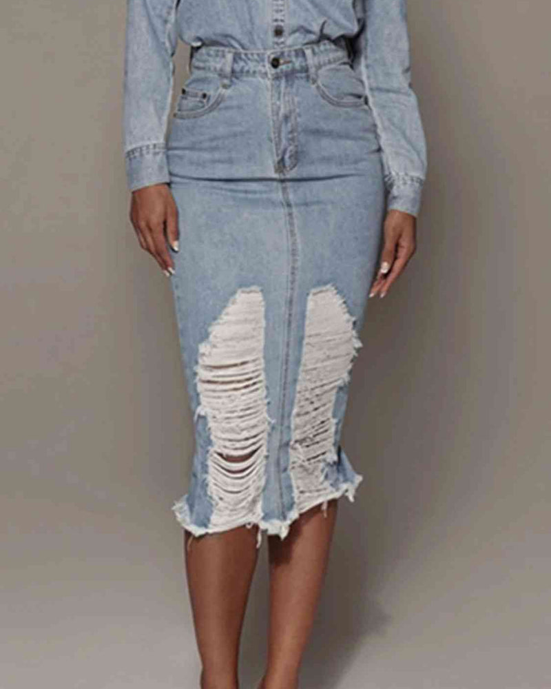 BEAUTIFUL I AM Distressed Slit Denim Skirt Dress