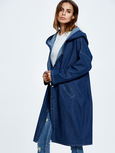 BEAUTIFUL I AM Button Up Dropped Shoulder Hooded Denim Top