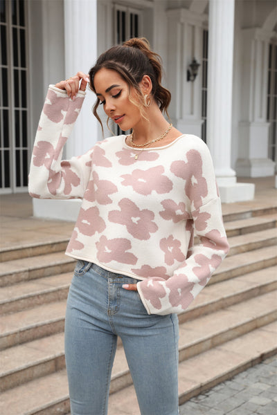 BEAUTIFUL I AM Round Neck Flower Pattern Dropped Shoulder Pullover Sweater