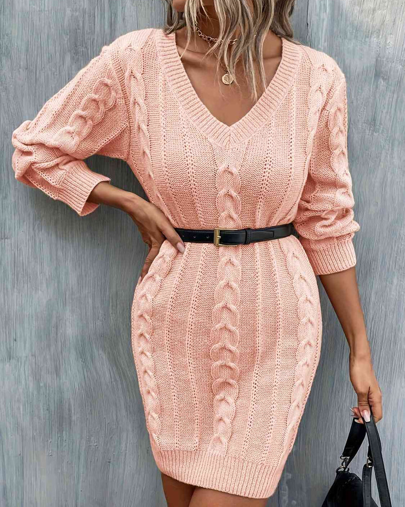 BEAUTIFUL I AM Cable-Knit V-Neck Sweater Dress