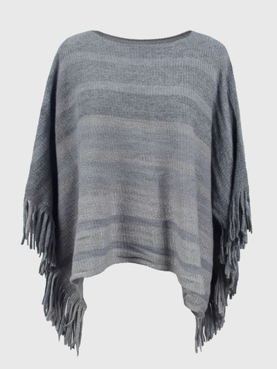 BEAUTIFUL I AM Striped Boat Neck Poncho with Fringes