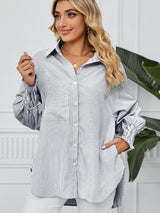BEAUTIFUL I AM Striped Button Up Smocked Long Sleeve Shirt