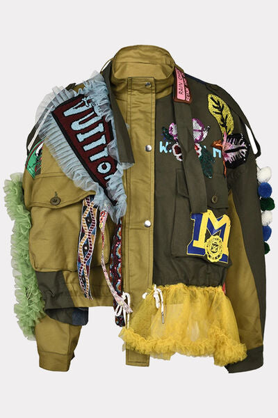 BEAUTIFUL I AM Sequin Patchwork Zip Up Dropped Shoulder Jacket