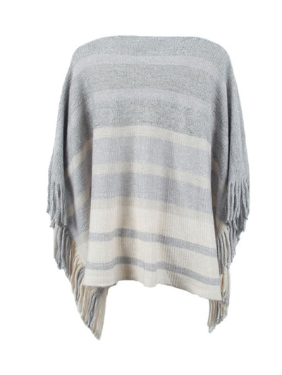BEAUTIFUL I AM Striped Boat Neck Poncho with Fringes