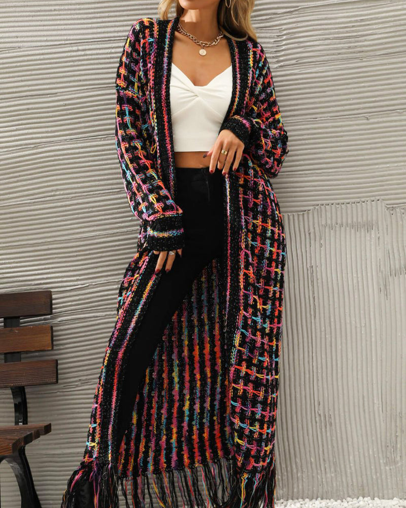 BEAUTIFUL I AM Multicolored Open Front Fringe Hem Cardigan