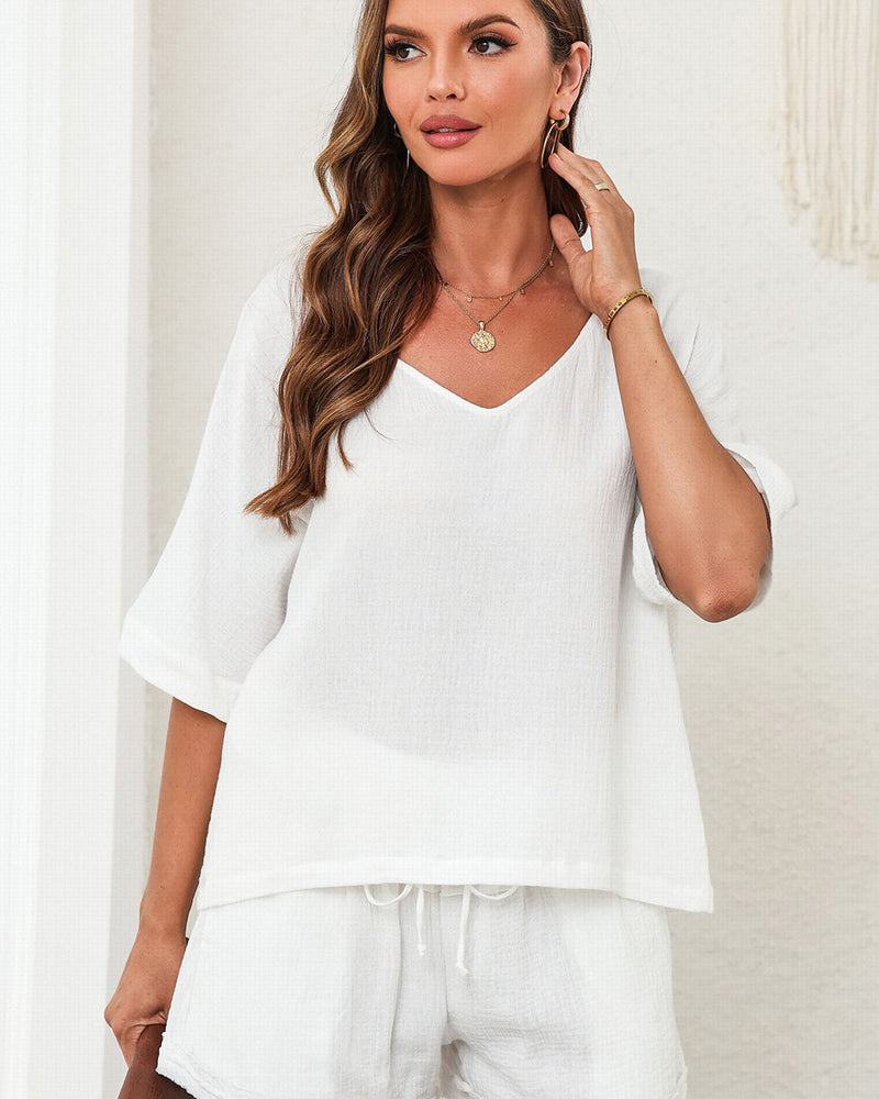 BEAUTIFUL I AM V-Neck Half Sleeve Top and Shorts Set