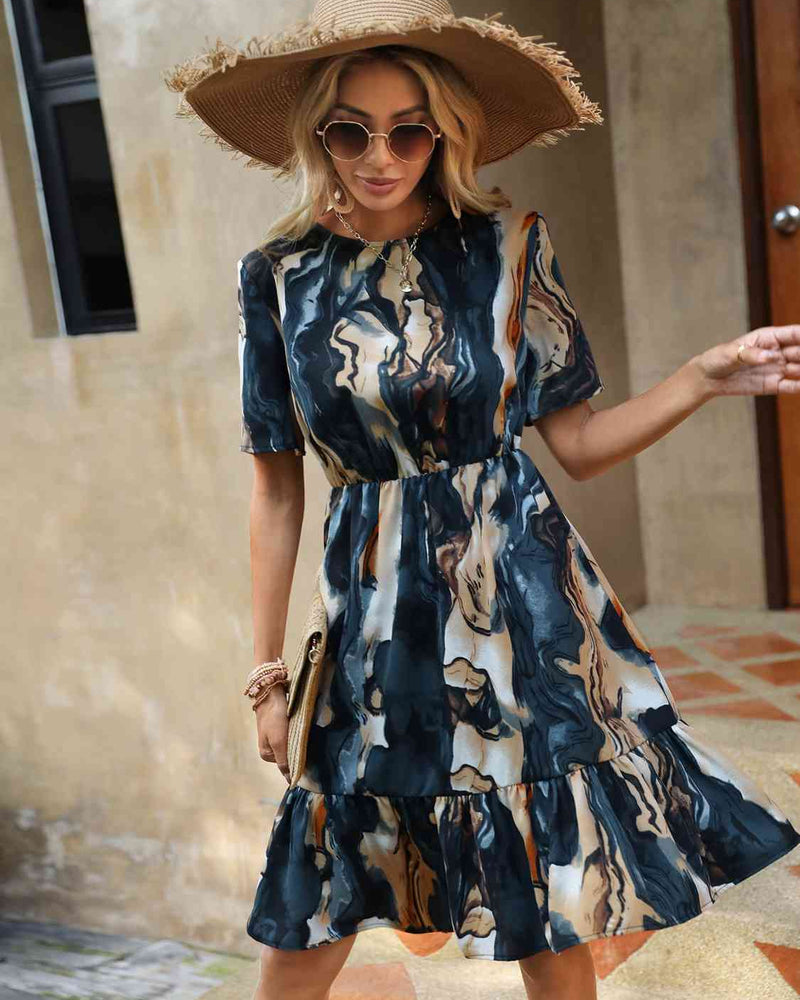 BEAUTIFUL I AM Tie-Dye Round Neck Ruffle Hem Dress