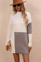 BEAUTIFUL I AM Color Block Mock Neck Dropped Shoulder Sweater Dress