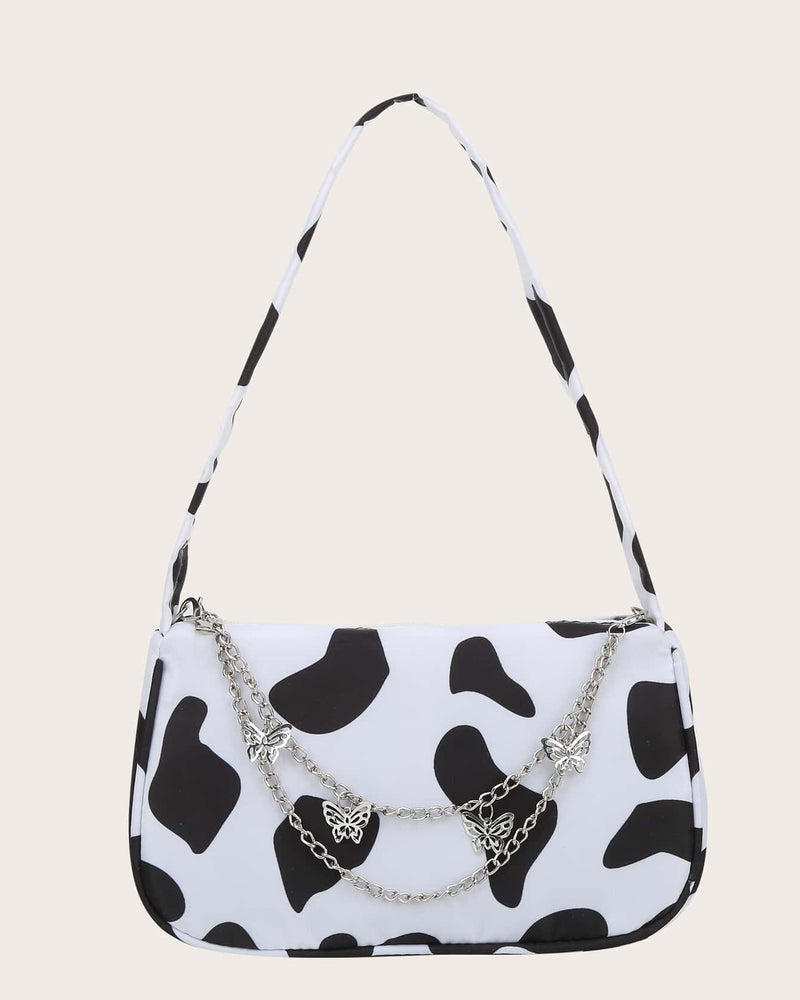 BEAUTIFUL I AM Cow Print Butterfly Charm Shoulder Bag