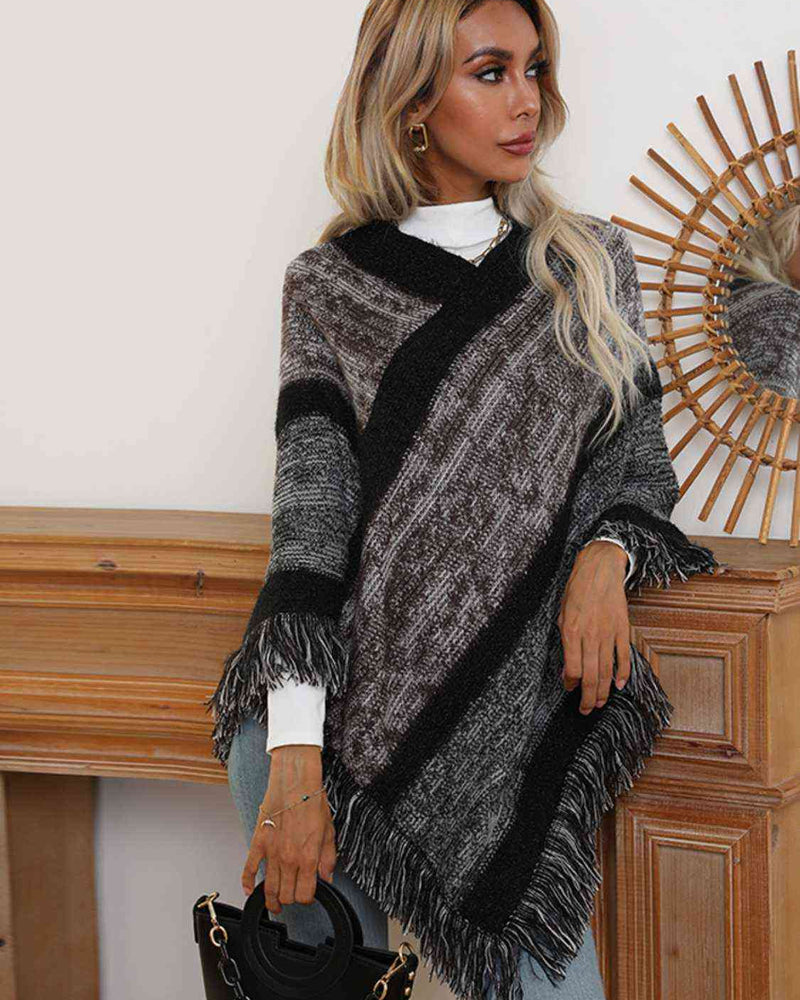BEAUTIFUL I AM V-Neck Poncho with Fringes