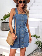 BEAUTIFUL I AM Button Up Raw Hem Denim Dress