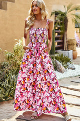 BEAUTIFUL I AM Printed Tie-Shoulder Smocked Maxi Dress
