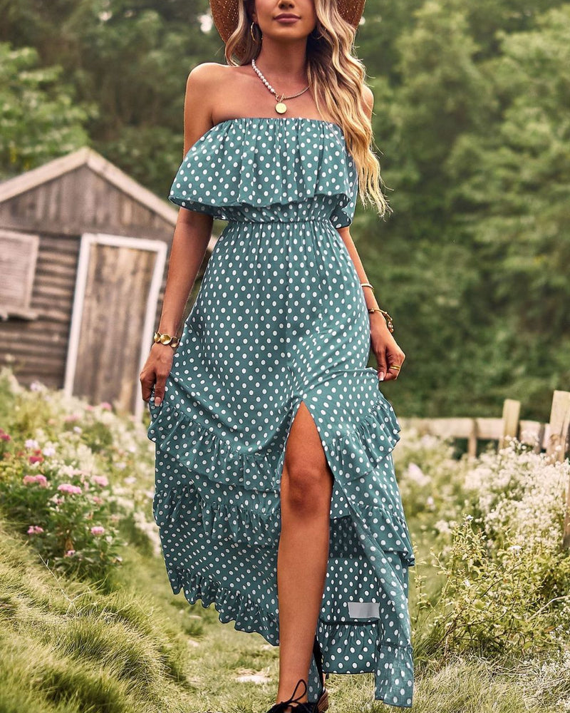 BEAUTIFUL I AM Polka Dot Strapless Slit Ruffled Maxi Dress